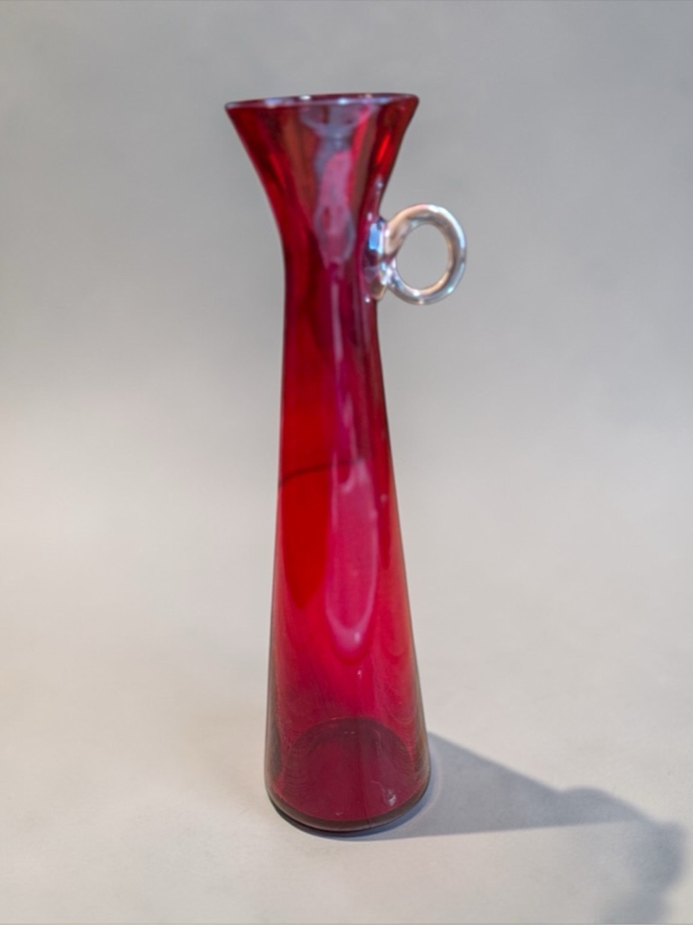 Art Glass Vase Red With Clear Glass Ring Handle And Tiny Pouring Lip